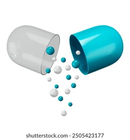 Píldora de cápsula con gránulos que caen. Cáscara farmacéutica abierta de la cápsula con los gránulos de la medicación, de los suplementos de la salud o de las vitaminas. Vitamina aislada médica y Ilustración vectorial de concepto de atención médica.