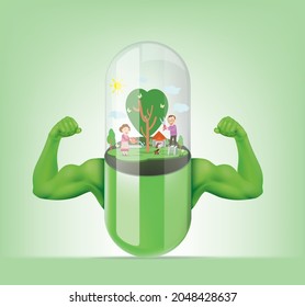 Capsule Pill With Family Inside And Strong Muscles In The Arms.illustration Vector