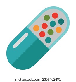 Capsule pill with granular active ingredient. Multicolored flat vector icon representing medicine items concept isolated on white background