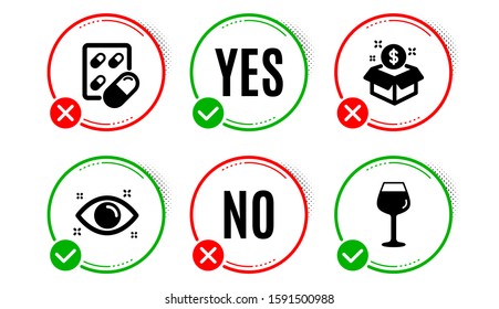 Capsule pill, Health eye and Post package icons simple set. Yes no check box. Bordeaux glass sign. Medicine drugs, Optometry, Postbox. Wine glass. Business set. Capsule pill icon. Check mark. Vector