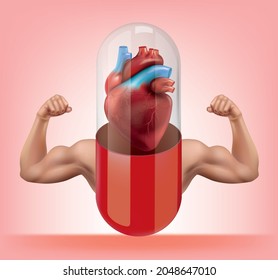 Píldora de la cápsula con corazón dentro y músculos fuertes en los brazos.vector ilustración