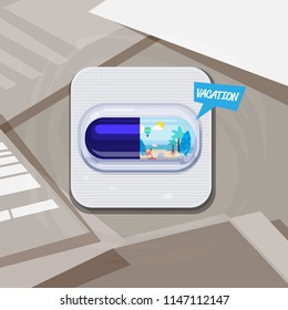 capsule pill of  holiday. Running from city life and go to the beach by taking this pill - vector illustration