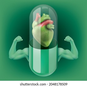 Capsule pill with a human heart inside and strong muscles in the arms.illustration vector