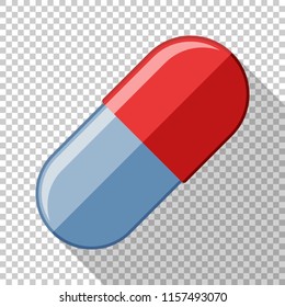 Capsule pill icon in flat style with long shadow on transparent background