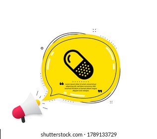 Icono de la píldora de la cápsula. Burbuja del discurso de citas. Señal de medicamentos. Símbolo de medicación para farmacia. Marcas de citado. Icono clásico de la píldora de la cápsula. Vector