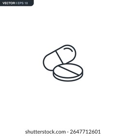 Ícone da cápsula e da pílula. Linha fina. Representa medicamentos, medicamentos, tratamentos farmacêuticos, suplementos dietéticos e ferramentas de saúde.