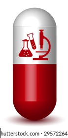 Capsule Pill with Lab Equipment Signs - Medical Research Concept