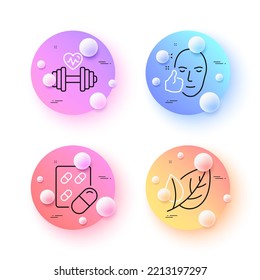 Capsule pill, Leaf and Dumbbell minimal line icons. 3d spheres or balls buttons. Healthy face icons. For web, application, printing. Medicine drugs, Ecology, Cardio training. Healthy cosmetics. Vector