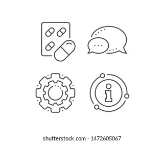 Capsule pill line icon. Chat bubble, info sign elements. Medical drugs sign. Pharmacy medication symbol. Linear capsule pill outline icon. Information bubble. Vector