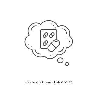 Capsule pill line icon. Chat bubble design. Medical drugs sign. Pharmacy medication symbol. Outline concept. Thin line capsule pill icon. Vector