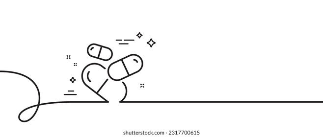 Capsule pill line icon. Continuous one line with curl. Medical drugs sign. Pharmacy medication symbol. Capsule pill single outline ribbon. Loop curve pattern. Vector