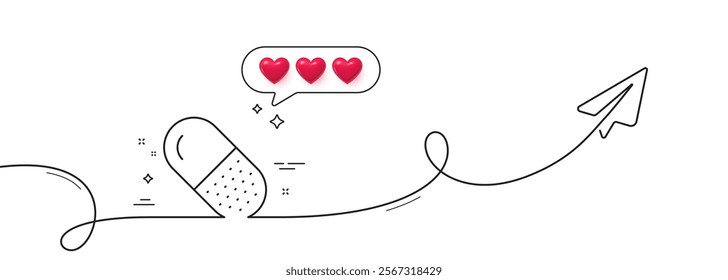 Capsule pill line icon. Continuous line with share plane. Medical drugs sign. Pharmacy medication symbol. Hearts rate review in speech bubble. Capsule pill single line ribbon. Vector