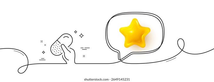 Capsule pill line icon. Continuous line with 3d star. Medical drugs sign. Pharmacy medication symbol. 3d star in speech bubble. Capsule pill single line ribbon. Loop curve pattern. Vector