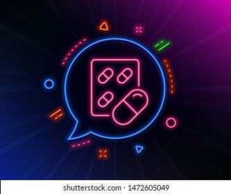 Capsule pill line icon. Neon laser lights. Medical drugs sign. Pharmacy medication symbol. Glow laser speech bubble. Neon lights chat bubble. Banner badge with capsule pill icon. Vector