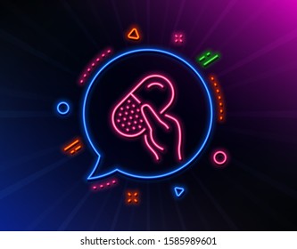 Capsule pill line icon. Neon laser lights. Medical drugs sign. Pharmacy medication symbol. Glow laser speech bubble. Neon lights chat bubble. Banner badge with capsule pill icon. Vector