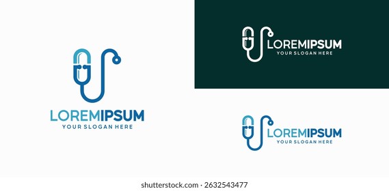 Diseño del logotipo de la píldora de la cápsula con el símbolo del icono de la Ilustración vectorial del estetoscopio