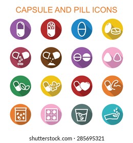 capsule and pill long shadow icons, flat vector symbols