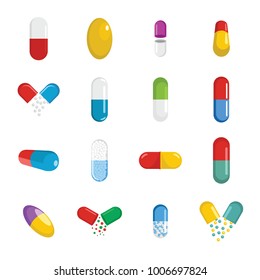 Capsule pill medicine icons set. Flat illustration of 16 capsule pill medicine vector icons for web