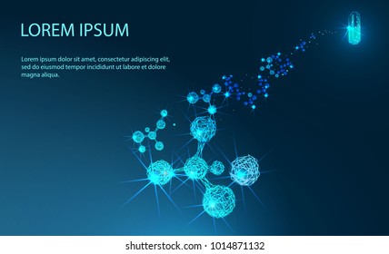 Capsule pill and molecules. Health Care Vector illustration. Medical concept. Banner. Low poly vector illustration of a starry sky or Cosmos. 