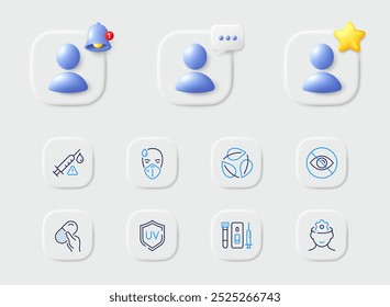 Capsule pill, Sick man and Brain working line icons. Placeholder with 3d star, reminder bell, chat. Pack of Leaves, Uv protection, Vaccine attention icon. Vector