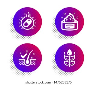 Capsule pill, Skin cream and Anti-dandruff flakes icons simple set. Halftone dots button. Gluten free sign. Medicine drugs, Medical cosmetic, Healthy hair. Bio ingredients. Healthcare set. Vector