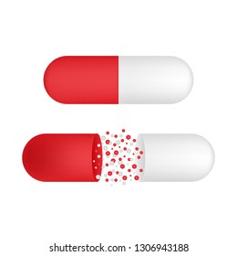 Capsule pill. Small balls pouring from an open medical capsule. Vector stock illustration.