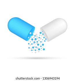 Capsule pill. Small balls pouring from an open medical capsule. Vector stock illustration.