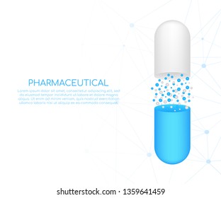 Capsule pill. Small balls pouring from an open medical capsule. Vector stock illustration.