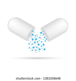 Capsule pill. Small balls pouring from an open medical capsule. Vector stock illustration.