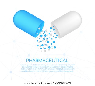 Kapselpille. Kleine Bälle, die aus einer offenen medizinischen Kapsel strömen. Vektorgrafik.