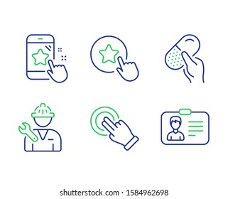 Capsule pill, Star rating and Touchscreen gesture line icons set. Loyalty star, Repairman and Identification card signs. Medicine drugs, Phone feedback, Click hand. Bonus reward. People set. Vector