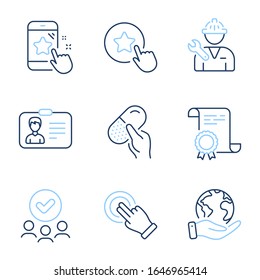 Kapselpille, Star-Bewertung und Touchscreen-Gesten Linie Symbole gesetzt. Diploma-Zertifikat, retten Planet, Gruppe von Menschen. Loyalitätsstern, Reprator- und Identifizierungskartenzeichen. Vektorillustration