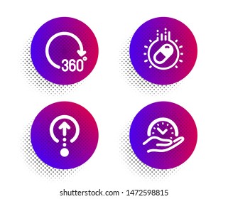 Capsule pill, Swipe up and 360 degrees icons simple set. Halftone dots button. Safe time sign. Medicine drugs, Scrolling page, Full rotation. Management. Science set. Vector