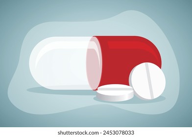 Capsule pill and tablets on a blue background.