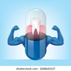 Capsule pill with a teeth on gums inside and strong muscles in the arms.illustration vector