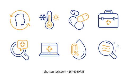 Capsule pill, Thermometer and First aid line icons set. Face id, Medical analyzes and Medical help signs. No alcohol, Skin condition symbols. Medicine drugs, Thermostat. Healthcare set. Vector