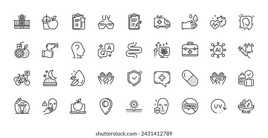 Capsule pill, Vaccine announcement and Ambulance car line icons pack. AI, Question and Answer, Map pin icons. Bicycle parking, No sun, Uv protection web icon. Vector