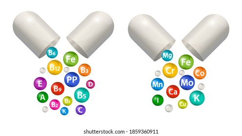 Kapselpille Vektor Vitamin und Mineralstoffzuschlag Set. 3D-Bläschen bilden den Multivitaminkomplex. Grundlegende Symbole für die Gesundheit. Illustration Gesundheitswesen