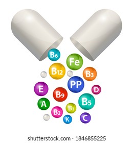 Capsule pill vector vitamin supplement set. 3d bubbles multivitamin complex for health. Vitamin A, B1, B2, B3, B5, B6, B9, B12, C, D, E, K, PP. Healthcare illustration
