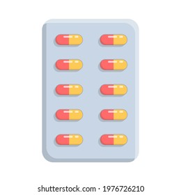 Capsule pills in a blister. Isolated vector illustration on white background. Cartoon flat style.