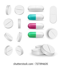 Capsule Pills And Drugs Set Vector. Pharmaceutical Drugs And Vitamin. Isolated On White Illustration
