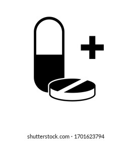 Icono de cápsula y pastillas. Ilustración vectorial plana en fondo blanco.