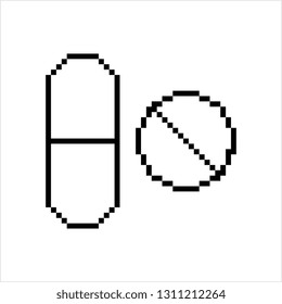 Capsule Pills Icon Pixel Art, Pixelated Form Vector Art Illustration