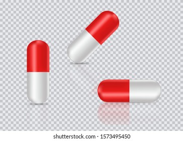 Capsule pills on transparent background. Vector illustration with shadow and reflect