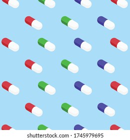 Capsule pills seamless pattern on blue background