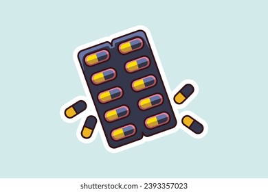 Capsule Pills Strip Sticker vector illustration. Healthcare medicine icon concept. Medicines pills packing tablets sticker design logo with shadow.