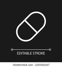 Capsule pixel perfect white linear ui icon for dark theme. Oral medication. Pill prescript. Vector line pictogram. Isolated user interface symbol for night mode. Editable stroke. Arial font used