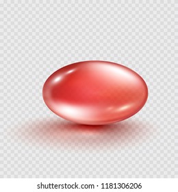 Capsule red oval bubble isolated on transparent background. Cosmetic oil capsule of vitamins and minerals. Vector realistic droplet of drug or antibiotic gel pill icon template.