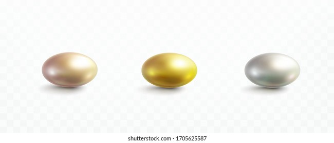 Capsule set isolated on transparent background. Gold rose, golden, pearl beads or glossy bubbles template. Vector 3d metal sphere, shiny pill icons