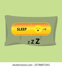 Capsule with a sleeping emoticon on a pillow, sleeping pill concept